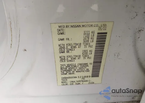 2011 Nissan Titan Sv z USA, uszkodzony, nr VIN 1N6BA0ED5BN321889